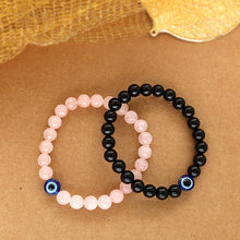 Natural Black Onyx Stone And Rose Quartz Evil Eye Beads Bracelet