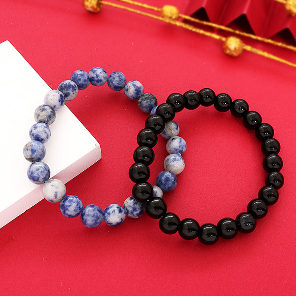 Natural Sodalite Stone & Black Onyx Bracelet 2pc Combo Set