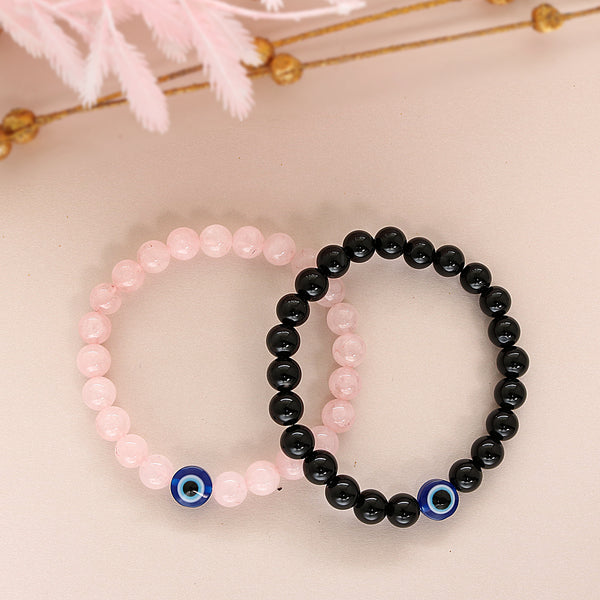 Natural Black Onyx Stone And Rose Quartz Evil Eye Beads Bracelet