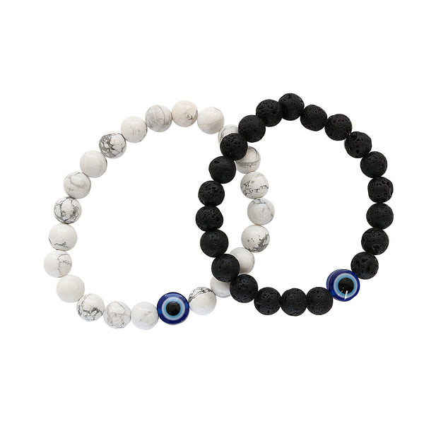 Natural Lava Stone And White Howlite Evil Eye Beads Bracelet