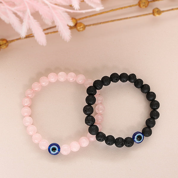 Natural Rose Quartz Stone And Lava Evil Eye Beads Bracelet