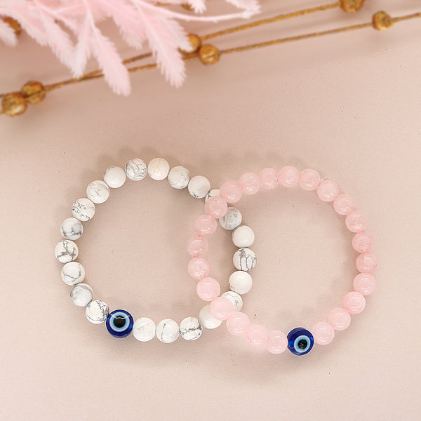 Natural Rose Quartz And White Howlite Evil Eye Beads Bracelet