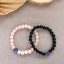 Natural Black Onyx Stone And Rose Quartz Evil Eye Beads Bracelet