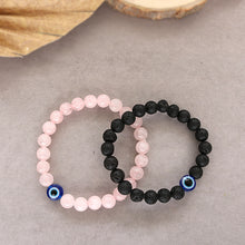 Natural Rose Quartz Stone And Lava Evil Eye Beads Bracelet